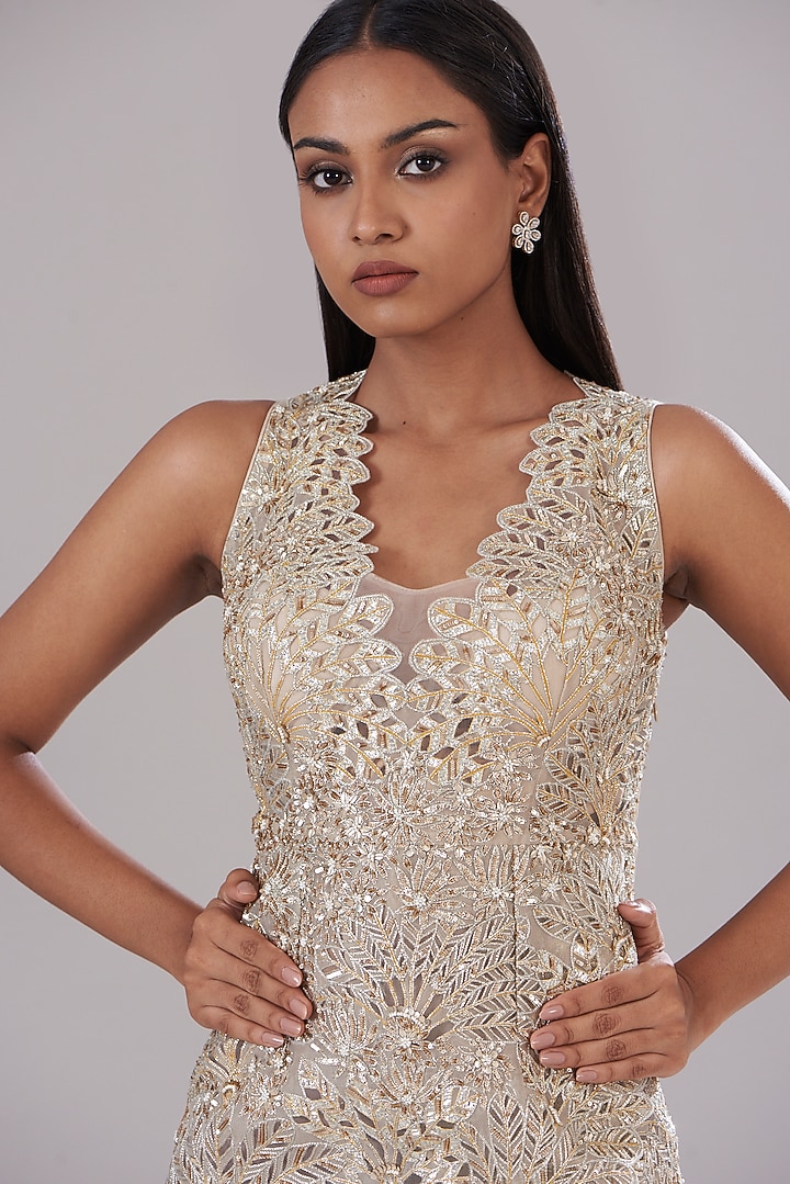 Beige Silk Organza Hand Embroidered Bridal Gown by Varun Nidhika at Pernia's Pop Up Shop