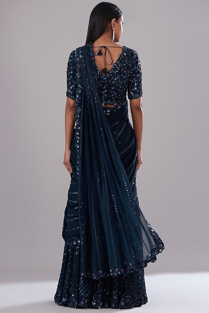 Navy Blue Chiffon Pre-Stitched Bridal Saree Set by Varun Nidhika at Pernia's Pop Up Shop