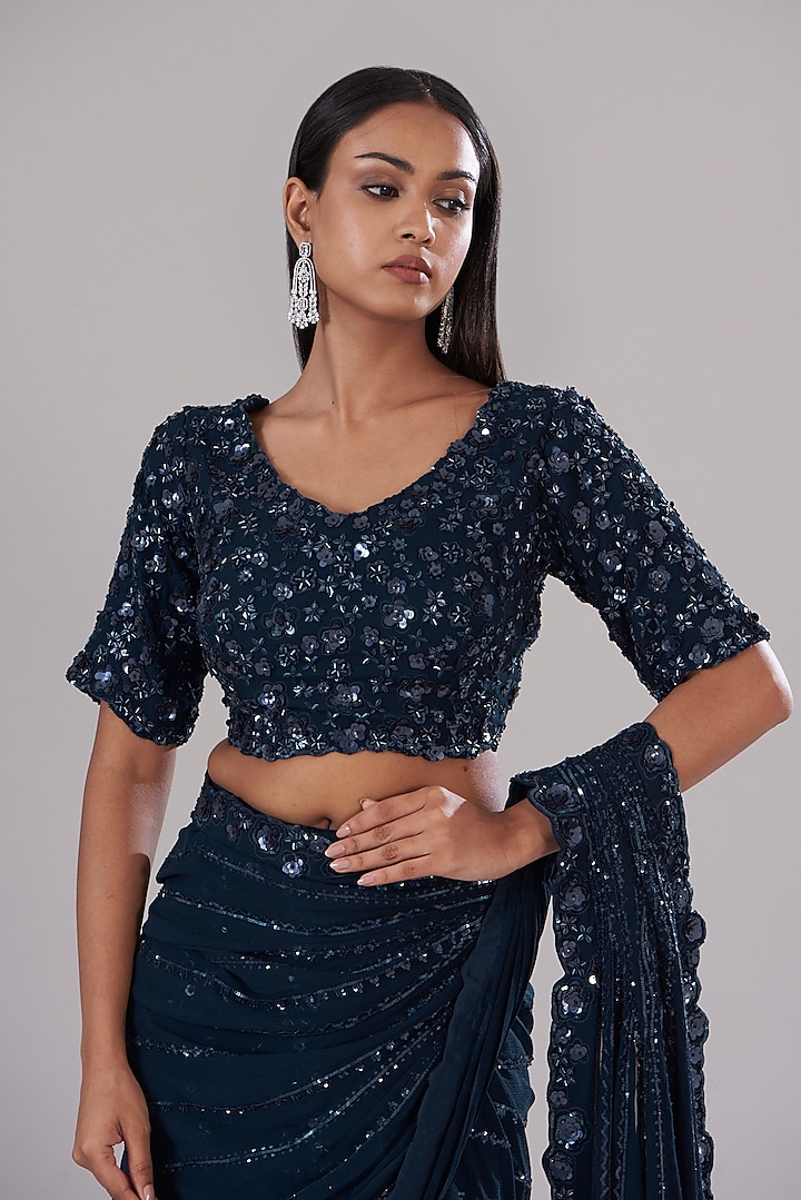 Navy Blue Chiffon Pre-Stitched Bridal Saree Set by Varun Nidhika at Pernia's Pop Up Shop