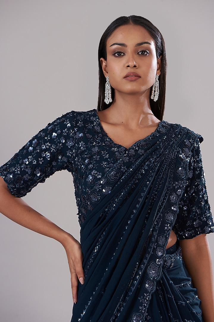Navy Blue Chiffon Pre-Stitched Bridal Saree Set by Varun Nidhika at Pernia's Pop Up Shop