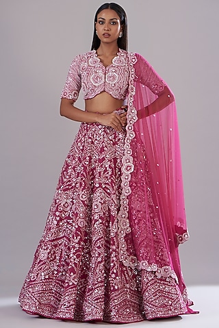 Fuchsia Silk Organza Embroidered Lehenga Set by Varun Nidhika