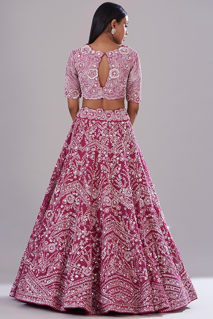 Fuchsia Silk Organza Embroidered Bridal Lehenga Set by Varun Nidhika at Pernia's Pop Up Shop
