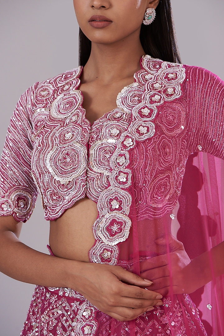 Fuchsia Silk Organza Embroidered Bridal Lehenga Set by Varun Nidhika at Pernia's Pop Up Shop