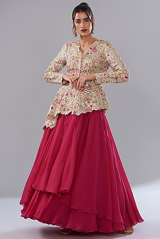 Fuchsia Organza Skirt Set by Varun Nidhika