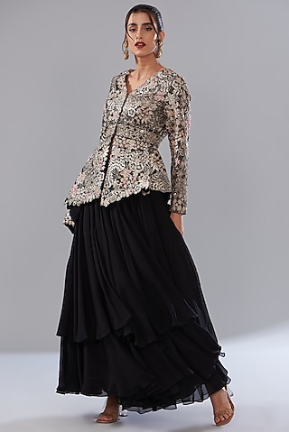 Black Organza Skirt Set by Varun Nidhika