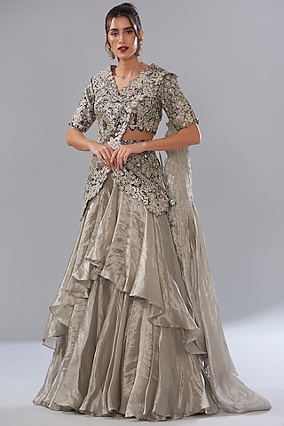 Grey Silk Tissue Organza Embroidered Pre-Stitched Saree Set by Varun Nidhika