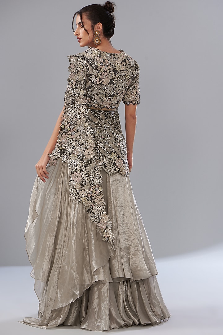 Grey Silk Tissue Organza Embroidered Pre-Stitched Bridal Saree Set by Varun Nidhika at Pernia's Pop Up Shop