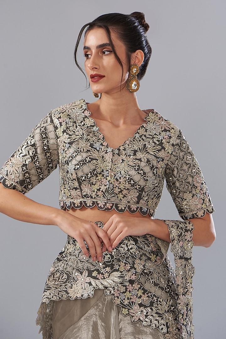 Grey Silk Tissue Organza Embroidered Pre-Stitched Bridal Saree Set by Varun Nidhika at Pernia's Pop Up Shop