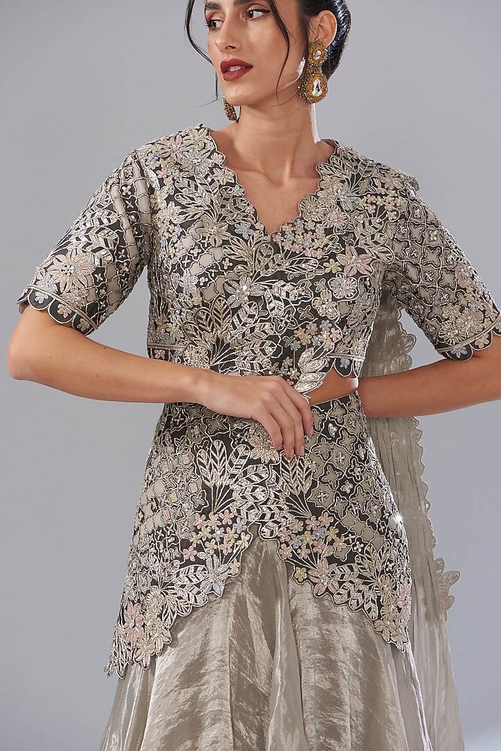 Grey Silk Tissue Organza Embroidered Pre-Stitched Bridal Saree Set by Varun Nidhika at Pernia's Pop Up Shop