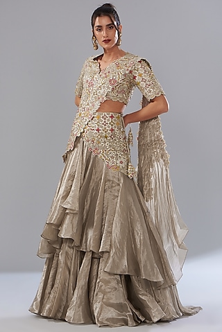 Beige Silk Tissue Organza Embroidered Pre-Stitched Saree Set by Varun Nidhika