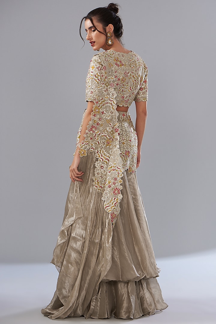 Beige Silk Tissue Organza Embroidered Pre-Stitched Bridal Saree Set by Varun Nidhika at Pernia's Pop Up Shop