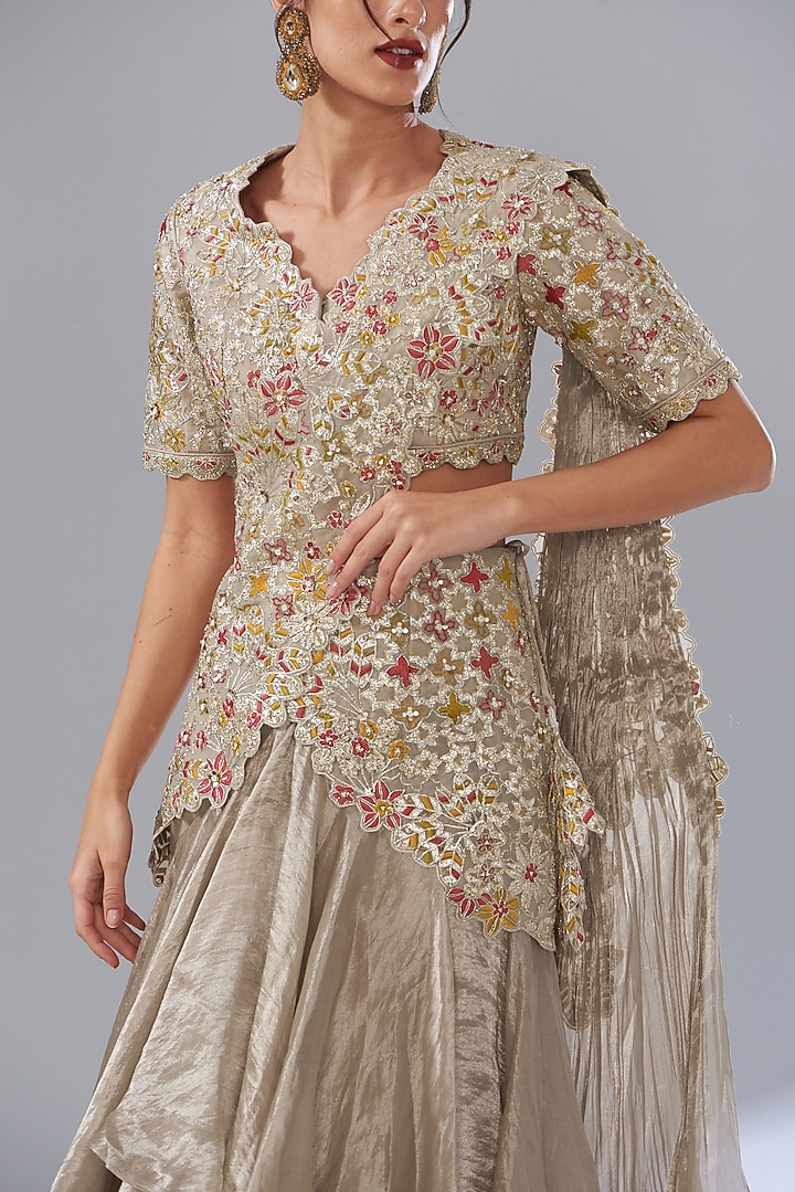 Beige Silk Tissue Organza Embroidered Pre-Stitched Bridal Saree Set by Varun Nidhika at Pernia's Pop Up Shop