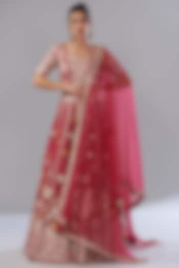 Fuchsia Silk Organza Embroidered Lehenga Set by Varun Nidhika