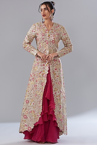 Beige Silk Organza Embroidered Jacket Set by Varun Nidhika