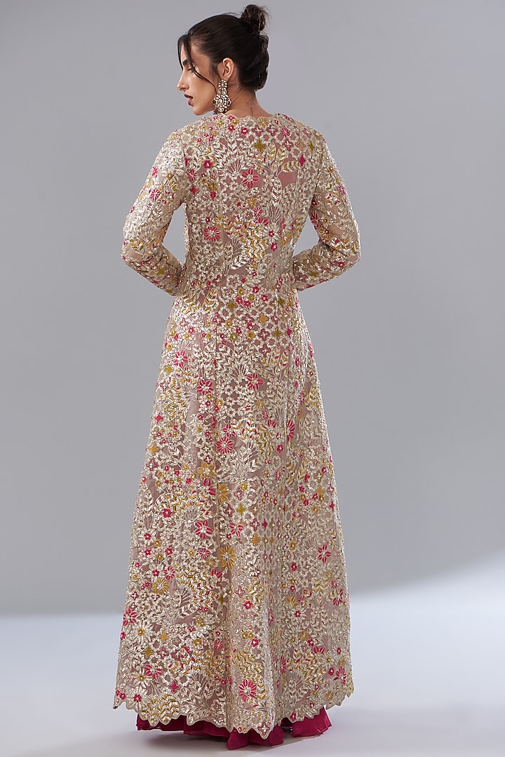 Beige Silk Organza Embroidered Jacket Set by Varun Nidhika at Pernia's Pop Up Shop