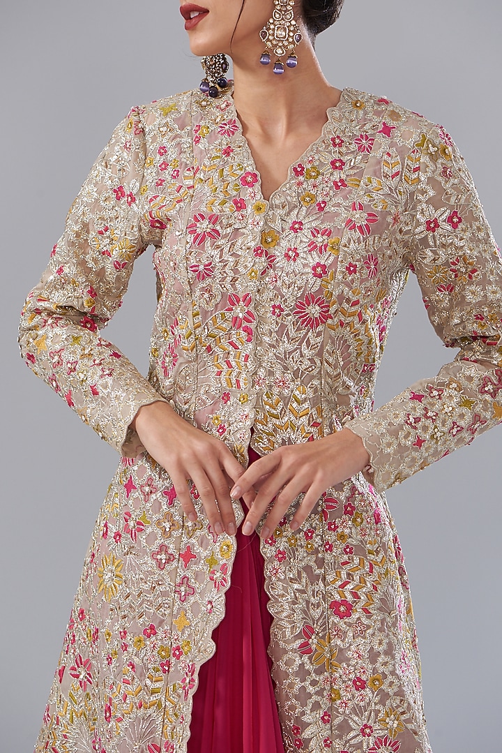 Beige Silk Organza Embroidered Jacket Set by Varun Nidhika at Pernia's Pop Up Shop