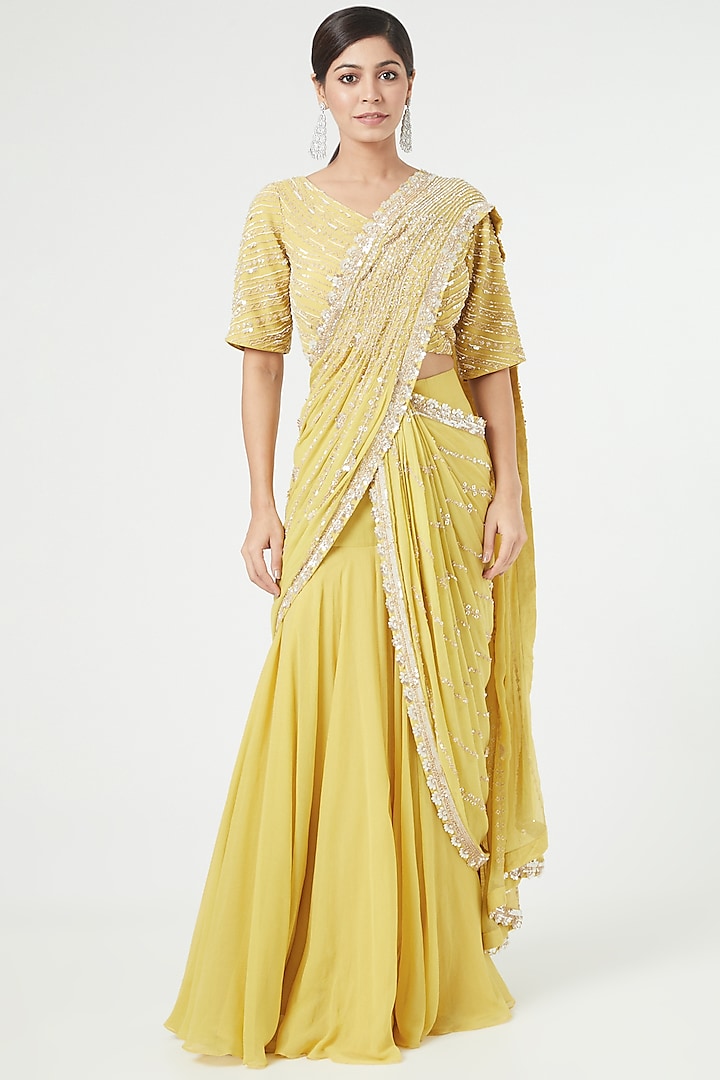 Canary Yellow Embroidered Saree Set by Varun Nidhika