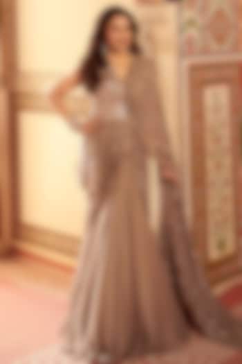 Grey Georgette Gown Saree by Varun Nidhika