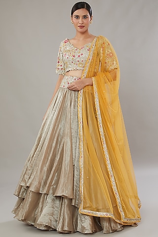 Beige-Gold Tissue Embroidered Lehenga Set by Varun Nidhika