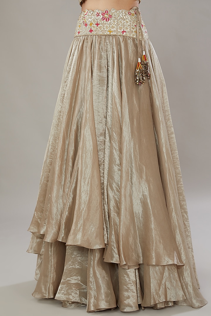 Beige-Gold Tissue Embroidered Bridal Lehenga Set by Varun Nidhika at Pernia's Pop Up Shop