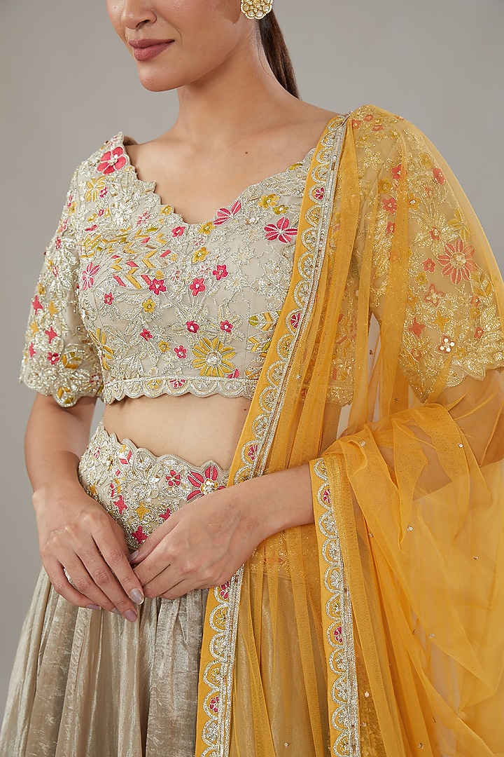 Beige-Gold Tissue Embroidered Bridal Lehenga Set by Varun Nidhika at Pernia's Pop Up Shop