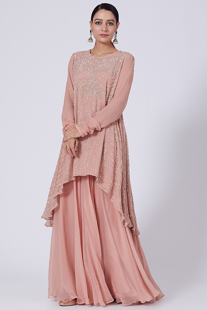 Rose Pink Embroidered Cape Set by Varun Nidhika