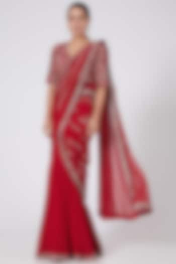 Red Sequin Embroidered Saree Set by Varun Nidhika