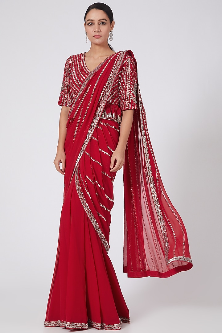 Red Sequin Embroidered Saree Set by Varun Nidhika