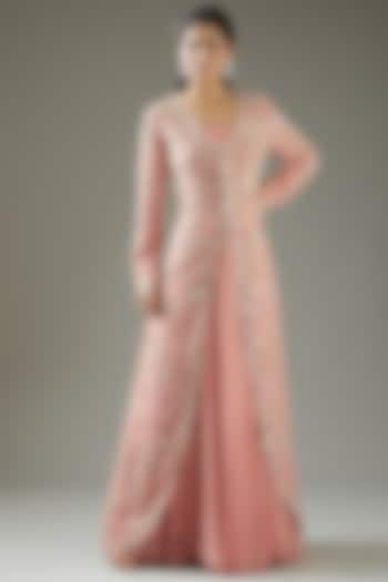 Rose Pink Embroidered Jacket Party Wear Dress by Varun Nidhika at Pernia's Pop Up Shop