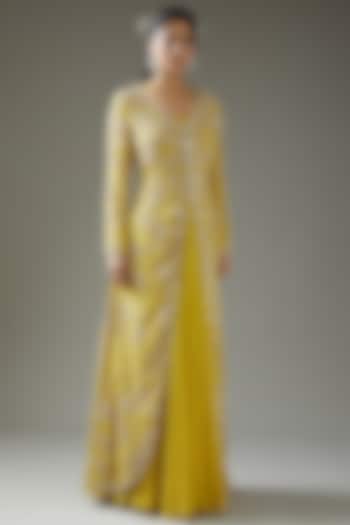 Canary Yellow Embroidered Jacket Dress by Varun Nidhika