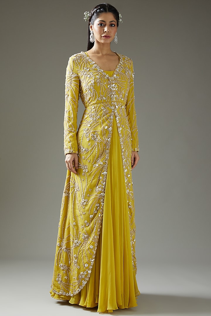 Canary Yellow Embroidered Jacket Dress by Varun Nidhika