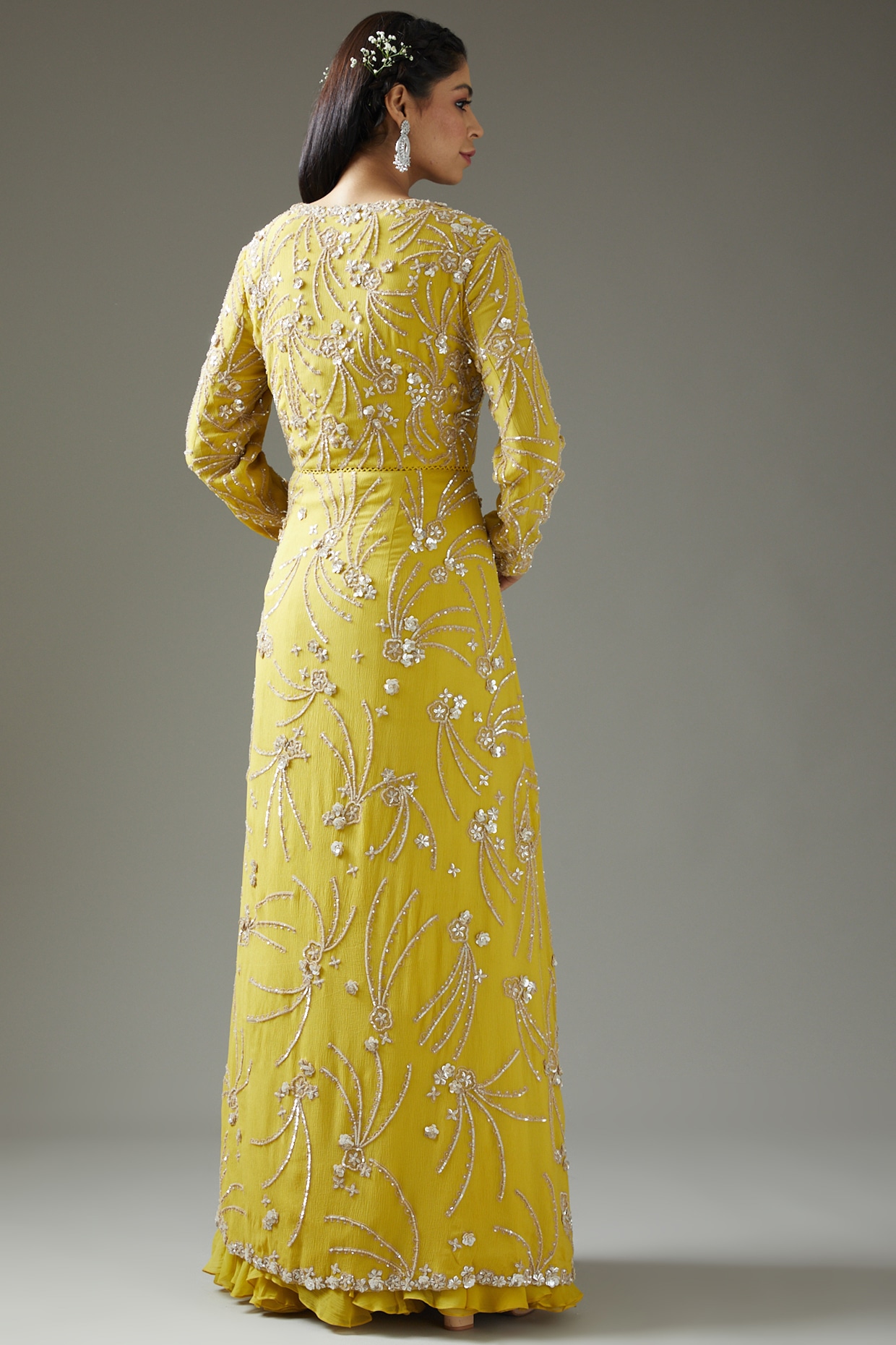 Yellow Satin Silk Gown with Intricate Sequence Work Jacket