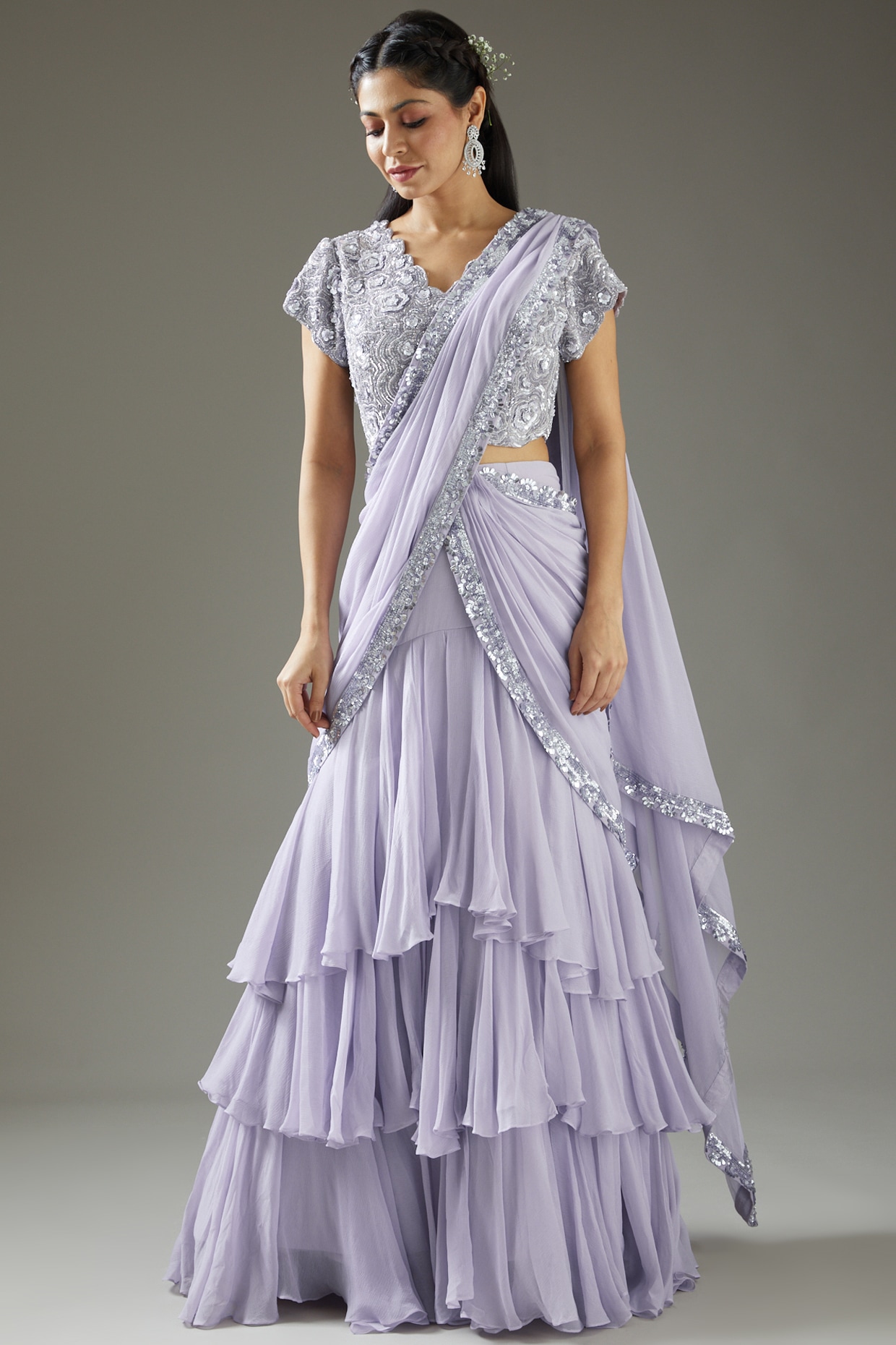 Isha Gupta Tayal Pre-stitched Lehenga Saree With Top | Grey, Floral Motifs,  Chiffon, V-neck, Half