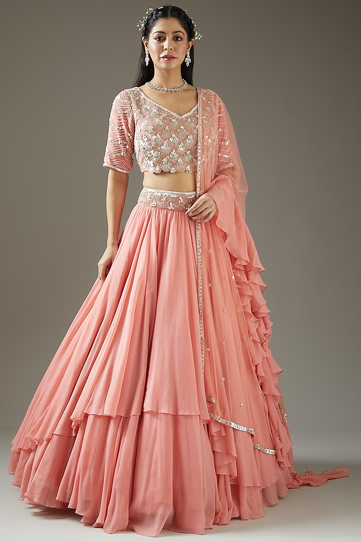 Carnation Pink Chiffon Wedding Lehenga Set by Varun Nidhika at Pernia's Pop Up Shop