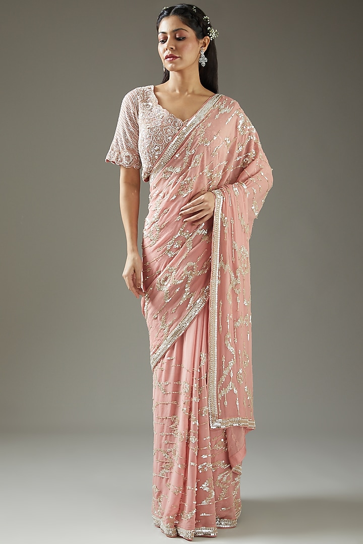 Rose Pink Printed & Embroidered Saree Set by Varun Nidhika