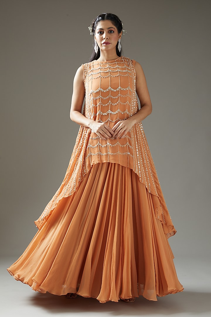 Tangerine Embroidered Cape With Flared Dress by Varun Nidhika