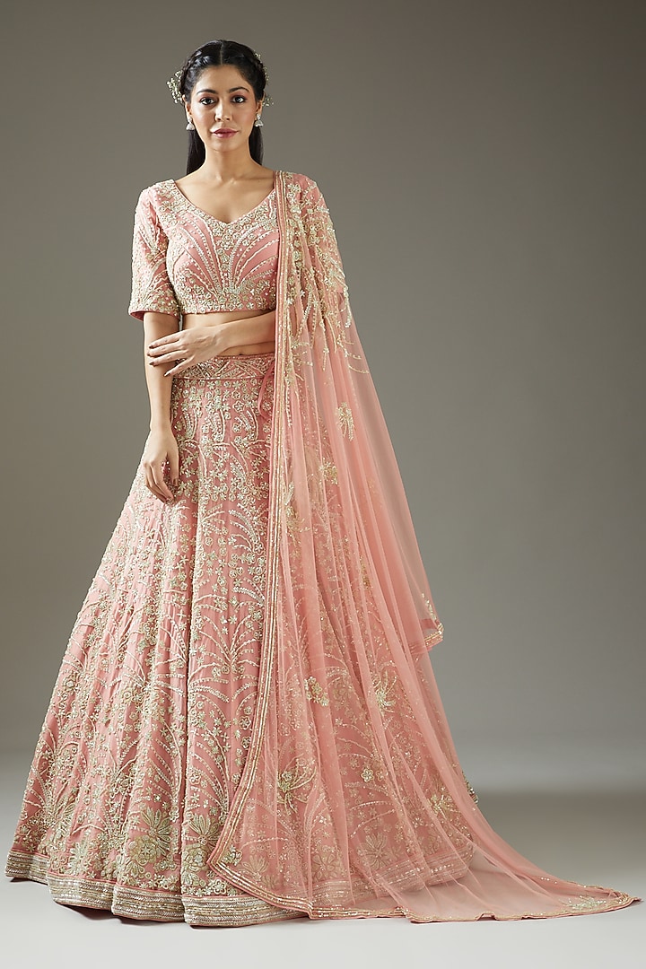 Rose Pink Embroidered Bridal Lehenga Set by Varun Nidhika at Pernia's Pop Up Shop