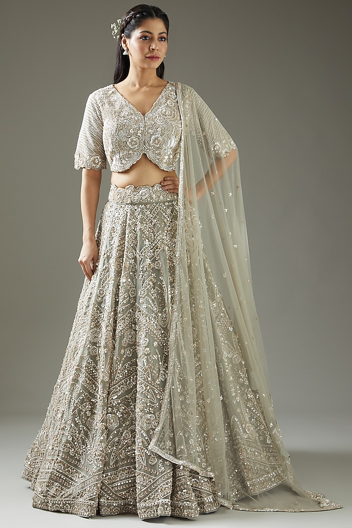 Ash Grey Embroidered Bridal Lehenga Set by Varun Nidhika at Pernia's Pop Up Shop