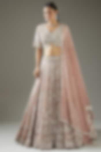 Onion Pink Embroidered Bridal Lehenga Set by Varun Nidhika at Pernia's Pop Up Shop