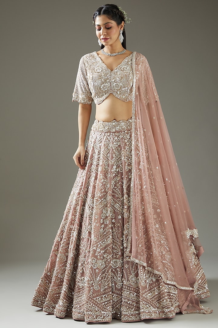 Onion Pink Embroidered Bridal Lehenga Set by Varun Nidhika at Pernia's Pop Up Shop