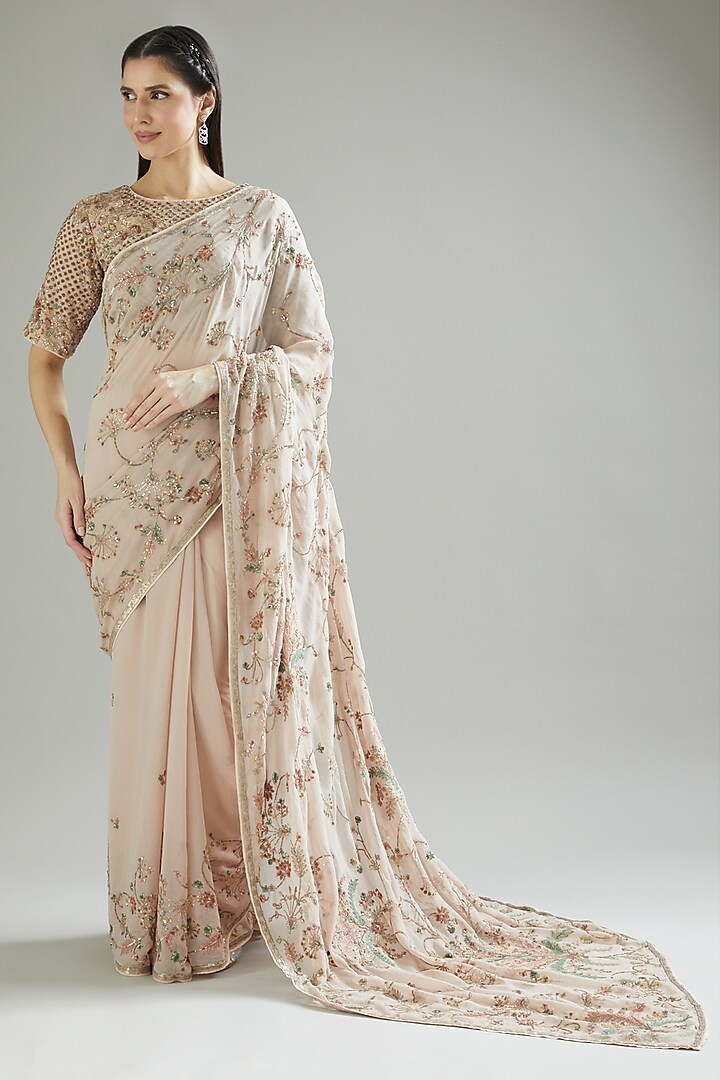 Beige Embroidered Saree Set by Varun Nidhika at Pernia's Pop Up Shop