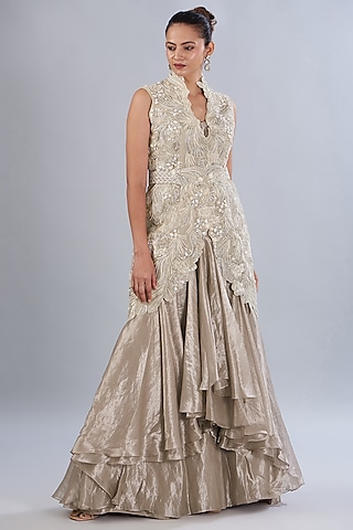 Ivory Silk Organza Embroidered Jacket Set by Varun Nidhika