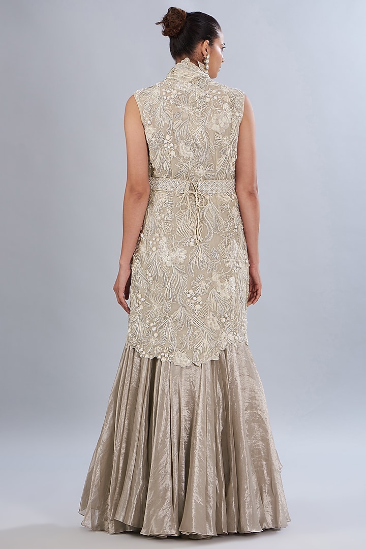 Ivory Silk Organza Embroidered Jacket Set by Varun Nidhika at Pernia's Pop Up Shop