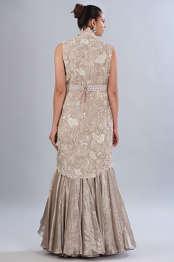 Soft Lilac Silk Organza Embroidered Jacket Set by Varun Nidhika at Pernia's Pop Up Shop