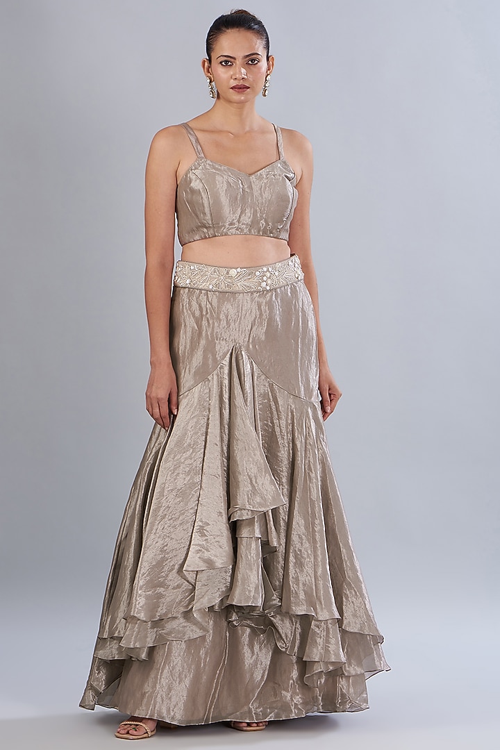 Soft Lilac Silk Organza Embroidered Jacket Set by Varun Nidhika at Pernia's Pop Up Shop