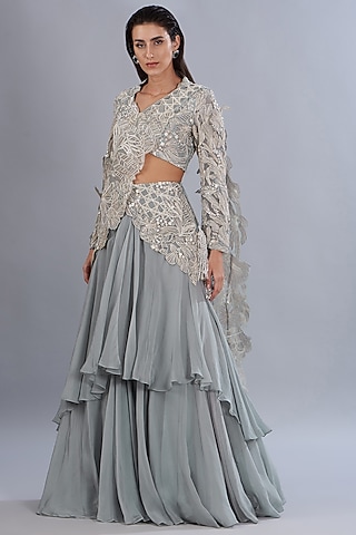 Powder Blue Bemberg Organza & Silk Organza Embroidered Pre-Stitched Saree Set by Varun Nidhika