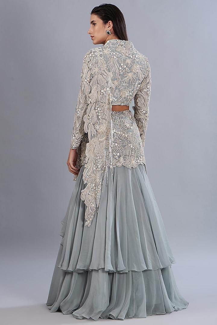 Powder Blue Bemberg Organza & Silk Organza Embroidered Pre-Stitched Bridal Saree Set by Varun Nidhika at Pernia's Pop Up Shop