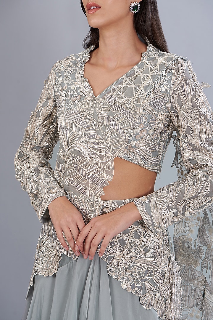 Powder Blue Bemberg Organza & Silk Organza Embroidered Pre-Stitched Bridal Saree Set by Varun Nidhika at Pernia's Pop Up Shop