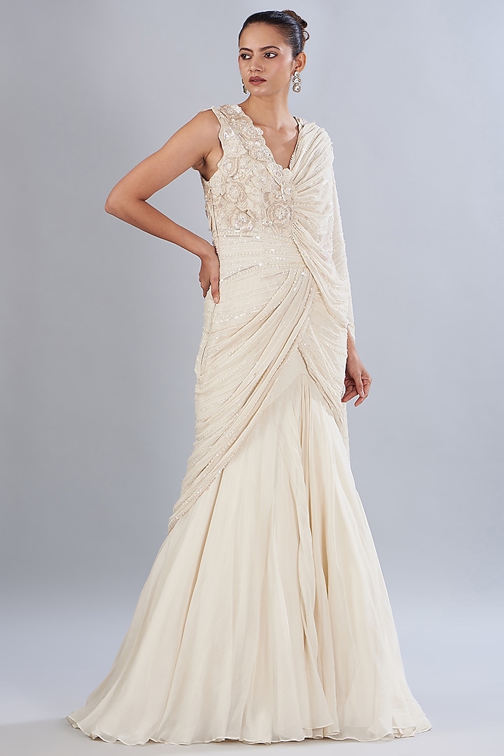 Ivory Silk Organza & Bemberg Organza Floral Embroidered Gown Saree by Varun Nidhika at Pernia's Pop Up Shop