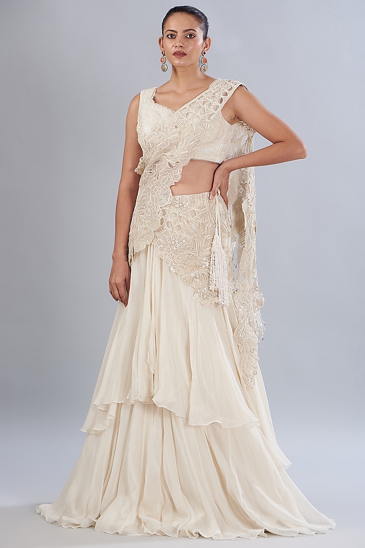 Ivory Bemberg Organza & Silk Organza Embroidered Pre-Stitched Saree Set by Varun Nidhika at Pernia's Pop Up Shop